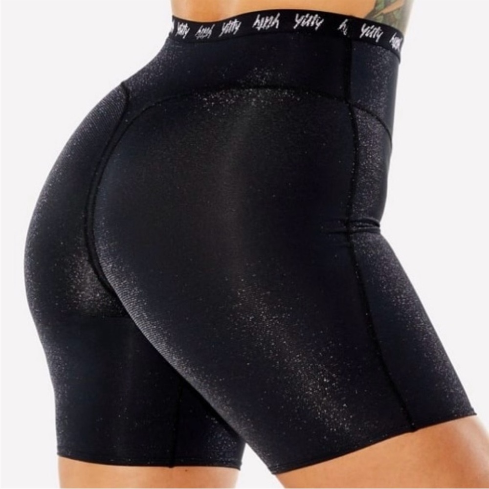 Yitty Fabletics black shimmer high waisted smoothing biker shorts size large new